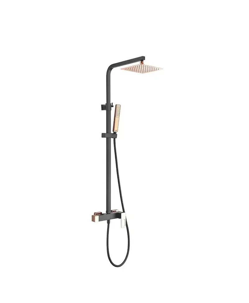 Columna de ducha con un diseño moderno y un acabado negro mate y oro rosa Suecia de Imex