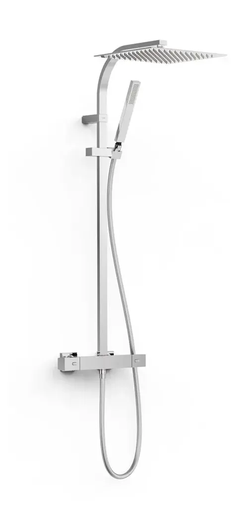 Columna de ducha de acero cuadrada con teleducha y grifo termostático acabado cromo BASE PLUS TRES
