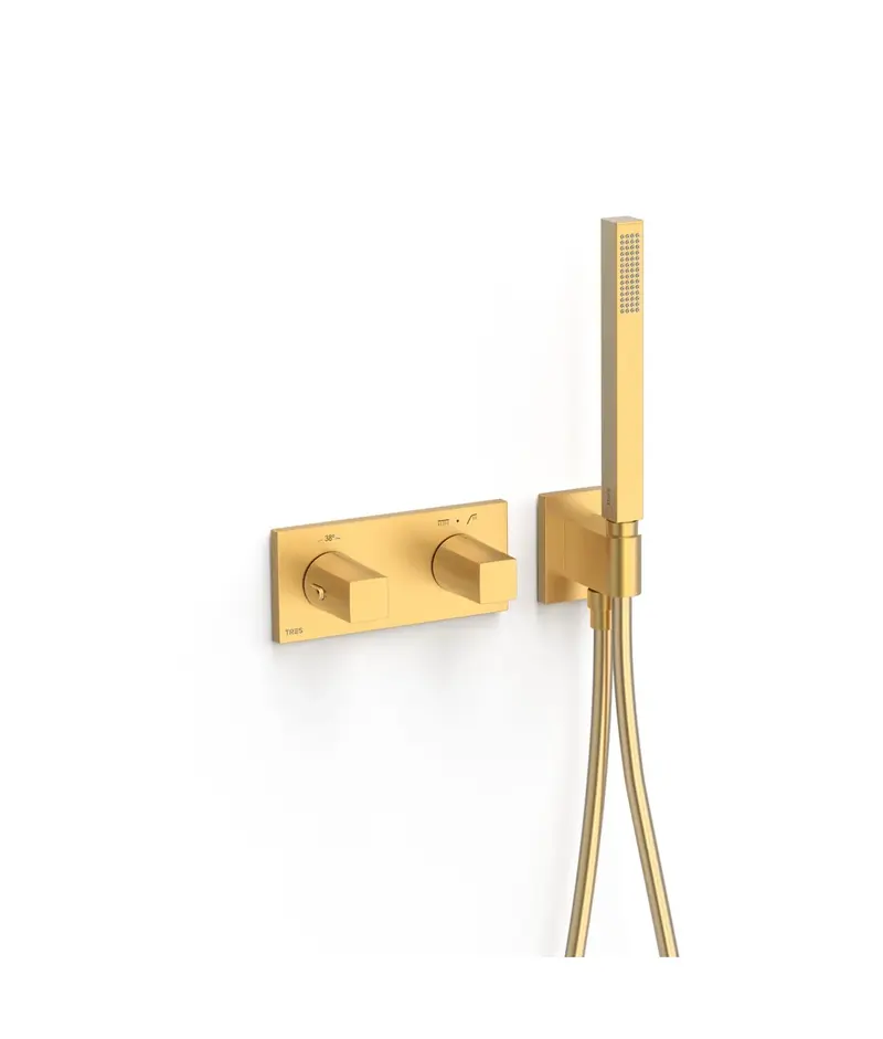 Columna de ducha de mano con grifo termostático de volantes cuadrados y acabado oro mate B-System TRES