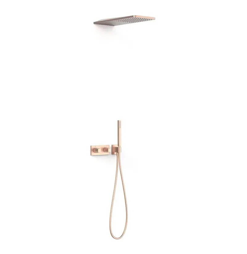 Columna de ducha termostática con grifería y ducha de volante rectangular acabado oro rosa mate B-SYSTEM TRES