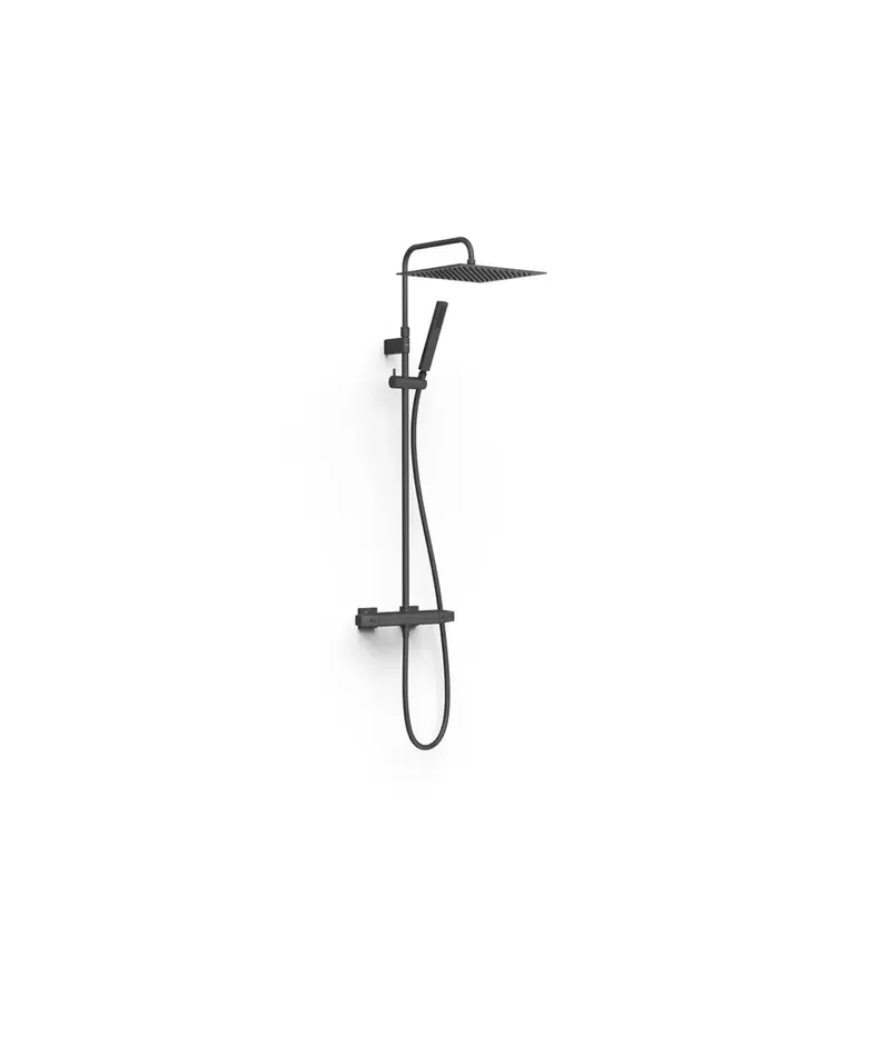 Columna de ducha termostática mural negro mate de dos vías con ducha telescópica y de mano Over-Wall Tres