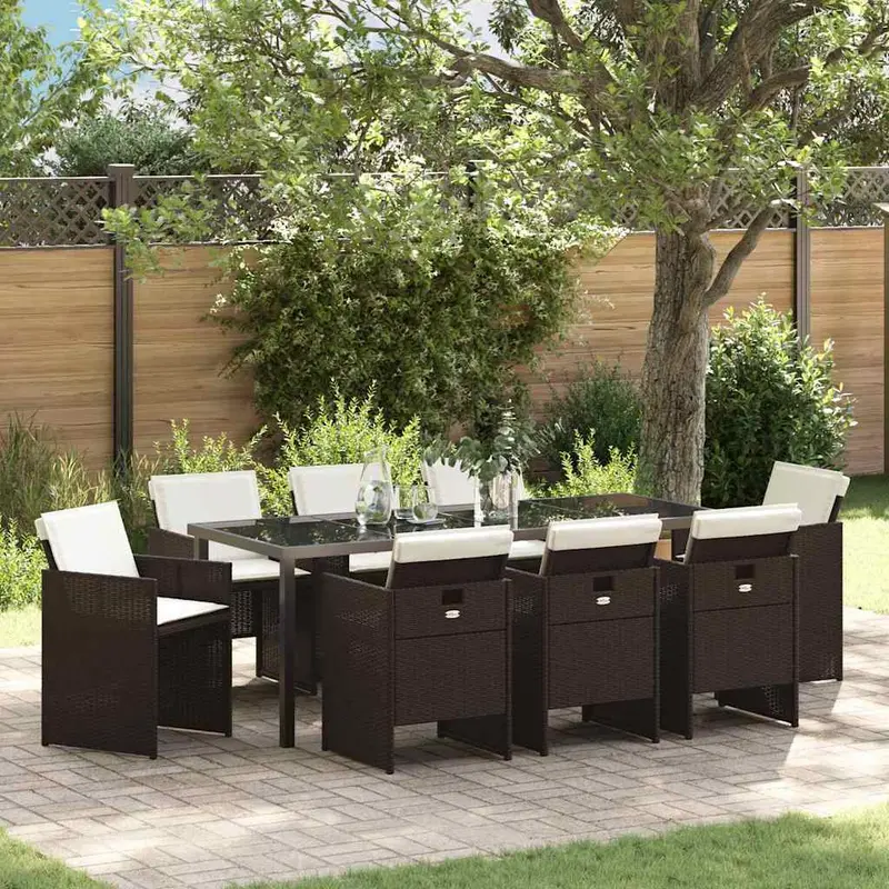 Conjunto de Comedor de Jardín 9 pcs Marrón ratán sintético