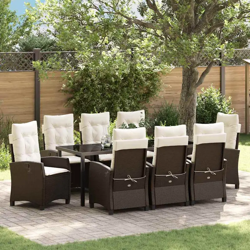 Conjunto de Comedor de Jardín 9 pcs Marrón ratán sintético
