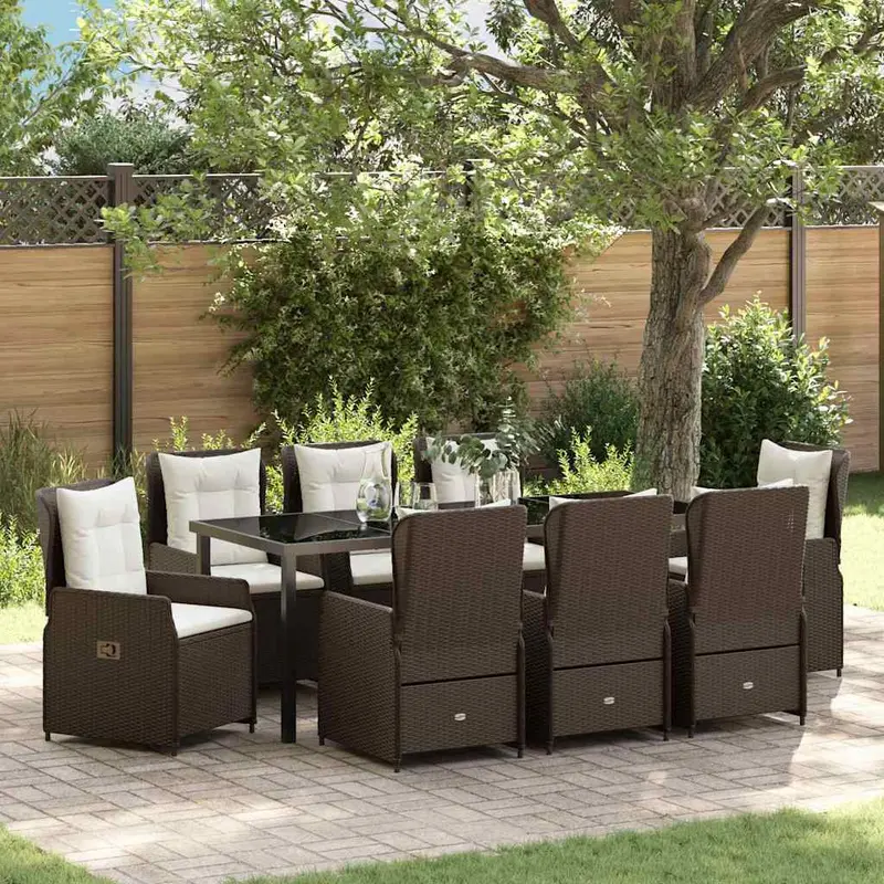 Conjunto de Comedor de Jardín 9 pcs Marrón ratán sintético