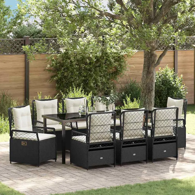 Conjunto de Comedor de Jardín 9 pcs Negro ratán sintético