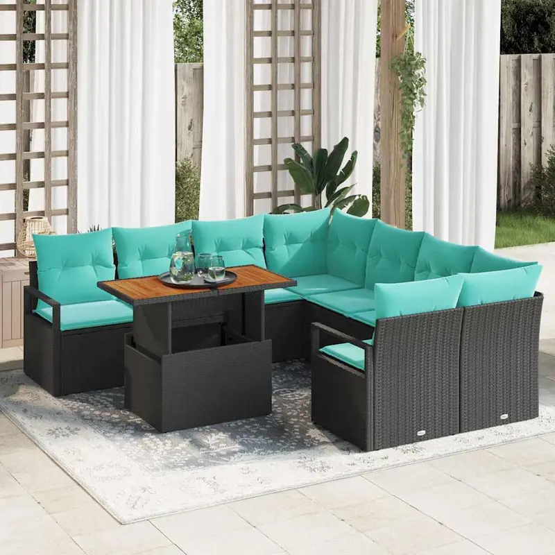 Conjunto de Comedor de Jardín 9 pcs Negro y Verde Azulado