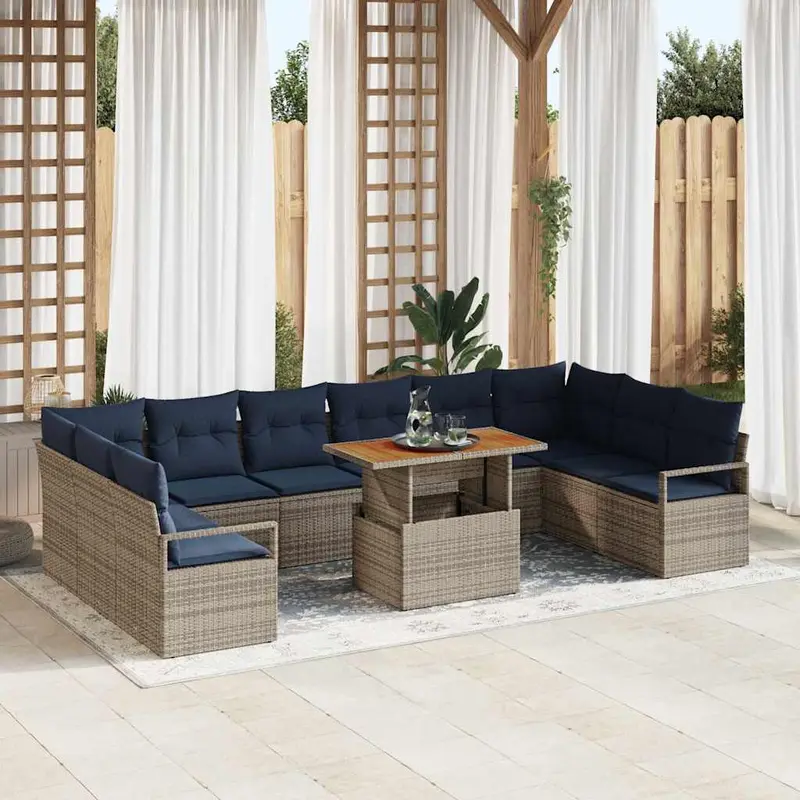 Conjunto de Comedor de Jardín con cojín 11 pcs Gris y marino