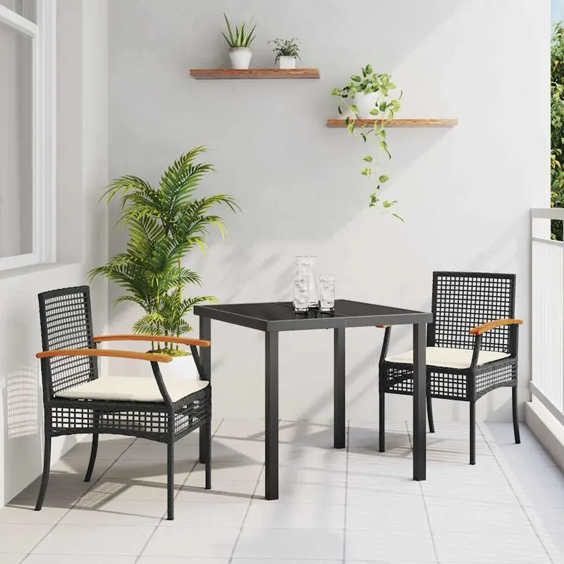 Conjunto de Comedor de Jardín con cojín 3 pcs Negro Ratán