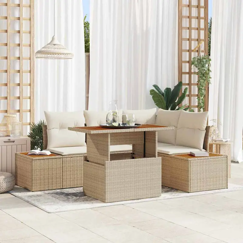 Conjunto de Comedor de Jardín con cojín 5 pcs Beige y Crema