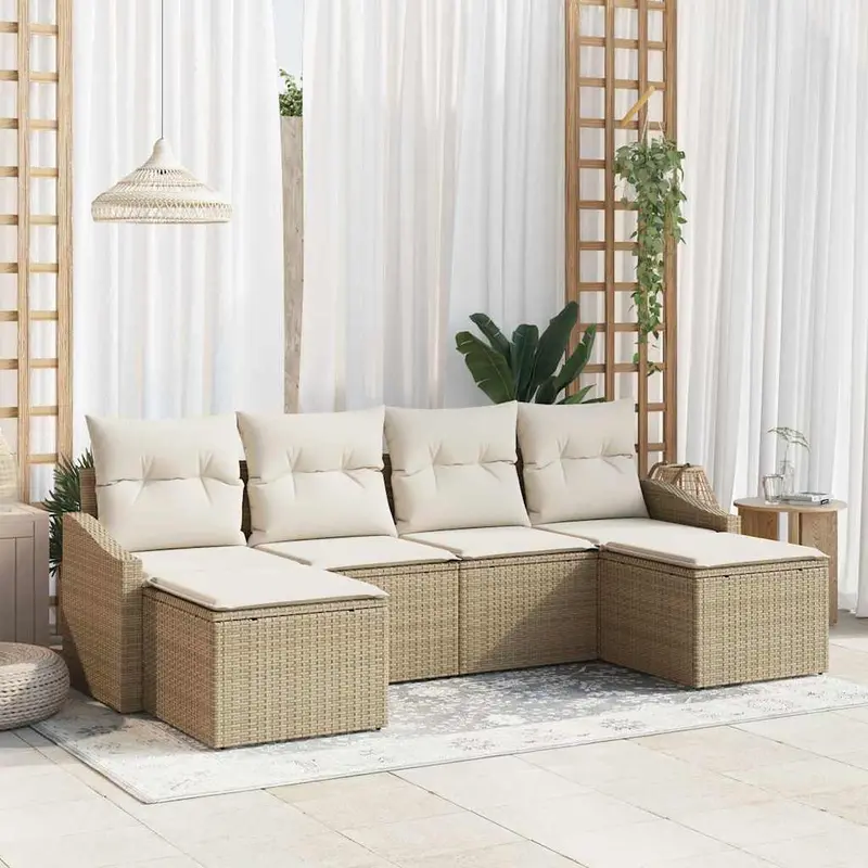 Conjunto de Comedor de Jardín con cojín 6 pcs Beige y Crema