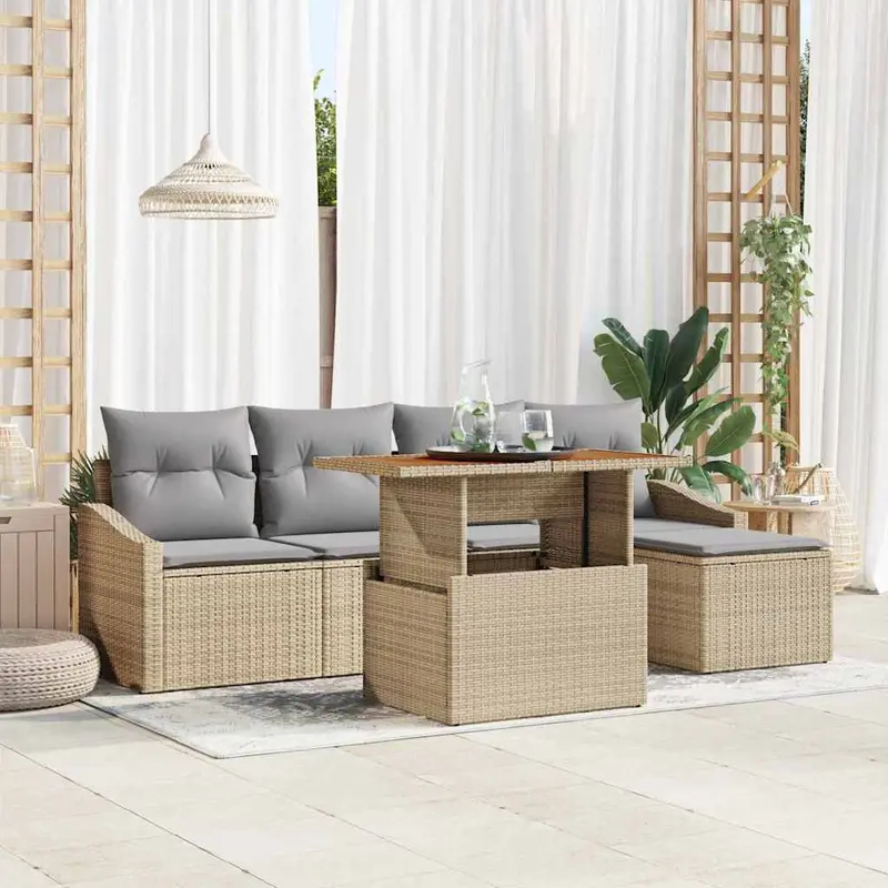 Conjunto de Comedor de Jardín con cojín 6 pcs Beige y gris