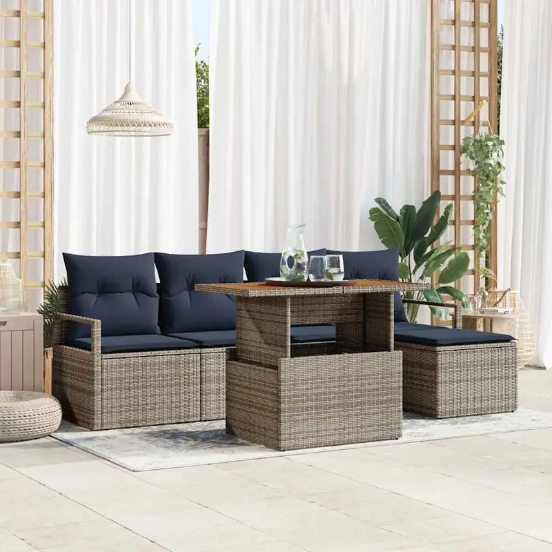 Conjunto de Comedor de Jardín con cojín 6 pcs Gris y marino