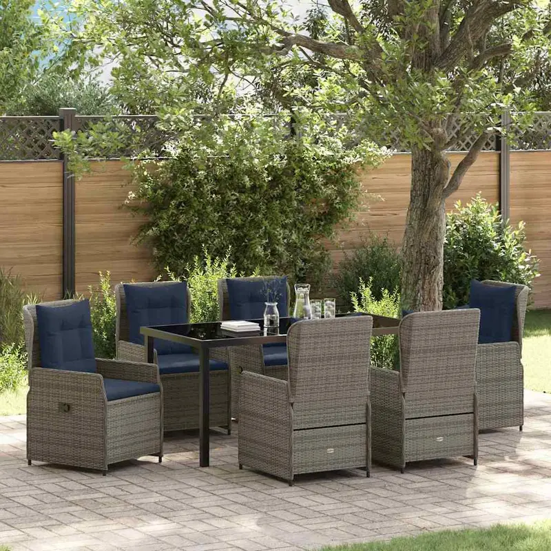 Conjunto de Comedor de Jardín con cojín 7 pcs Gris Poliratán