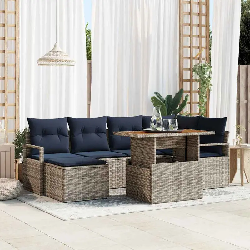 Conjunto de Comedor de Jardín con cojín 7 pcs Gris y marino
