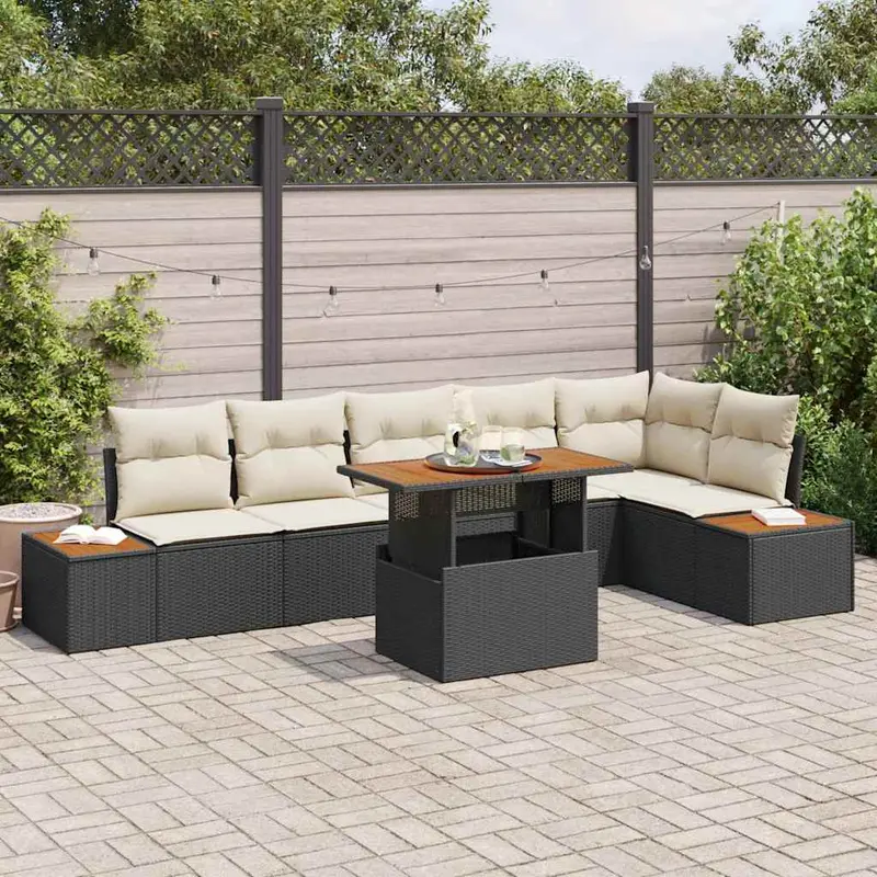 Conjunto de Comedor de Jardín con cojín 7 pcs Negro y Beige