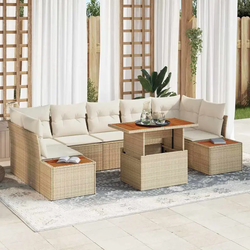 Conjunto de Comedor de Jardín con cojín 8 pcs Beige y Crema