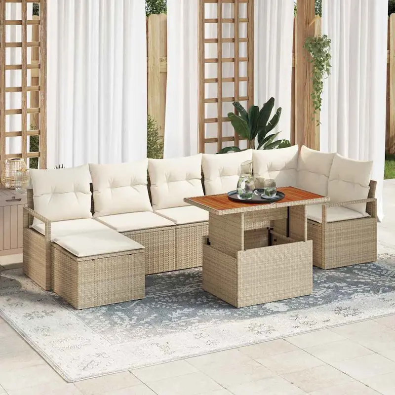 Conjunto de Comedor de Jardín con cojín 8 pcs Beige y Crema