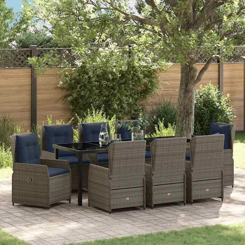 Conjunto de Comedor de Jardín con cojín 9 pcs Gris Poliratán