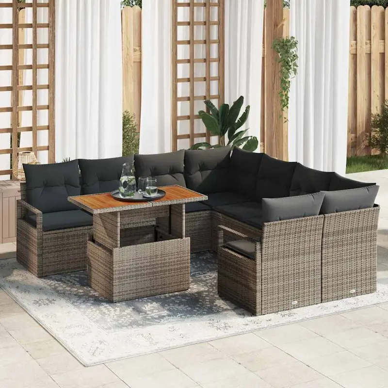 Conjunto de Comedor de Jardín con cojín 9 pcs Gris y marrón