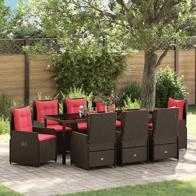 Conjunto de Comedor de Jardín con cojín 9 pcs Marrón Poliratán