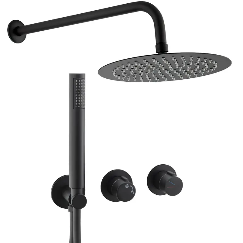 Conjunto de ducha empotrada a pared monomando con apertura en agua fría y rociador de 25 cm en negro mate Selva de Valaz