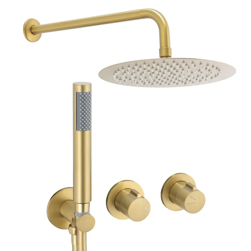 Conjunto de ducha empotrada a pared monomando con apertura en agua fría y rociador de 25 cm en oro mate Selva de Valaz