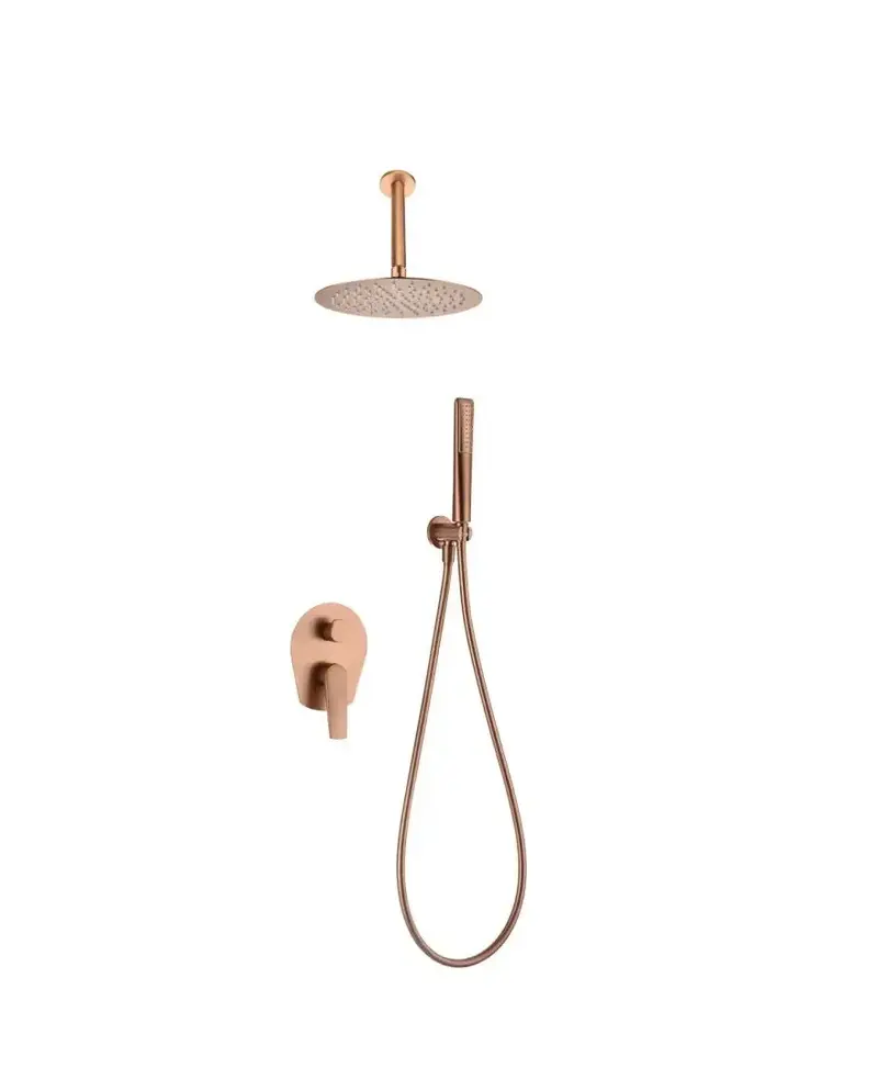 Conjunto de ducha monomando empotrado con mango y rociador acabado oro rosa cepillado paros Delos de Imex