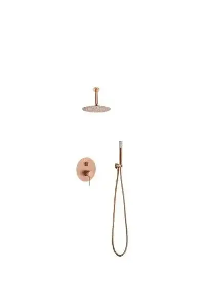 Conjunto de ducha monomando empotrado con rociador a techo acabado oro rosa cepillado Line de Imex