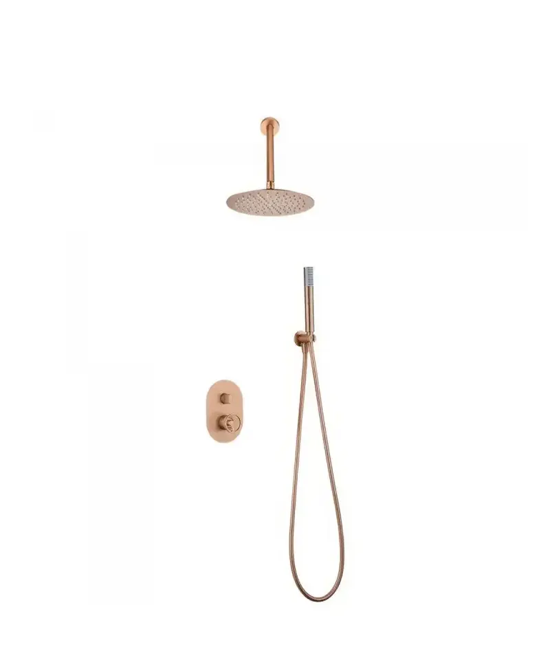 Conjunto de ducha monomando empotrado con rociador a techo acabado oro rosa cepillado vesubio Olimpo de Imex