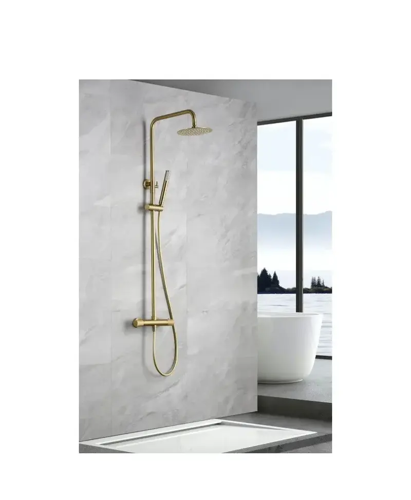 Conjunto de ducha termostática de acero inoxidable con acabado oro cepillado Line de Imex