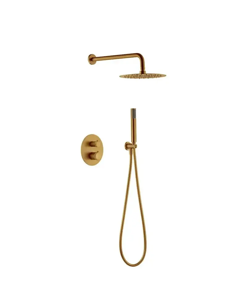 Conjunto de ducha termostática empotrada con un diseño moderno de acabado oro cepillado Line de Imex