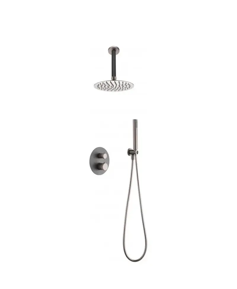 Conjunto de ducha termostática empotrado con teleducha rociador y grifería gris mate y champagne top Line de Imex