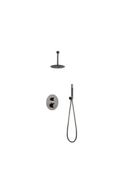 Conjunto de ducha termostático con rociador de conexión a techo y ducha de mano color black gun metal Monza de Imex