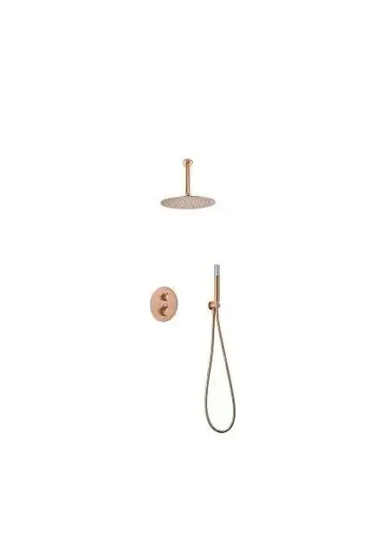 Conjunto de ducha termostático con rociador de conexión a techo y ducha de mano color oro rosa cepillado Monza de Imex