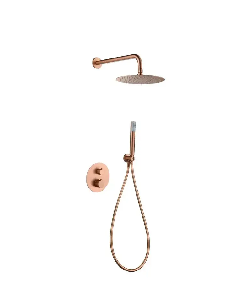 Conjunto de ducha termostático empotrado con rociador a pared acabado oro rosa cepillado Genova de Imex