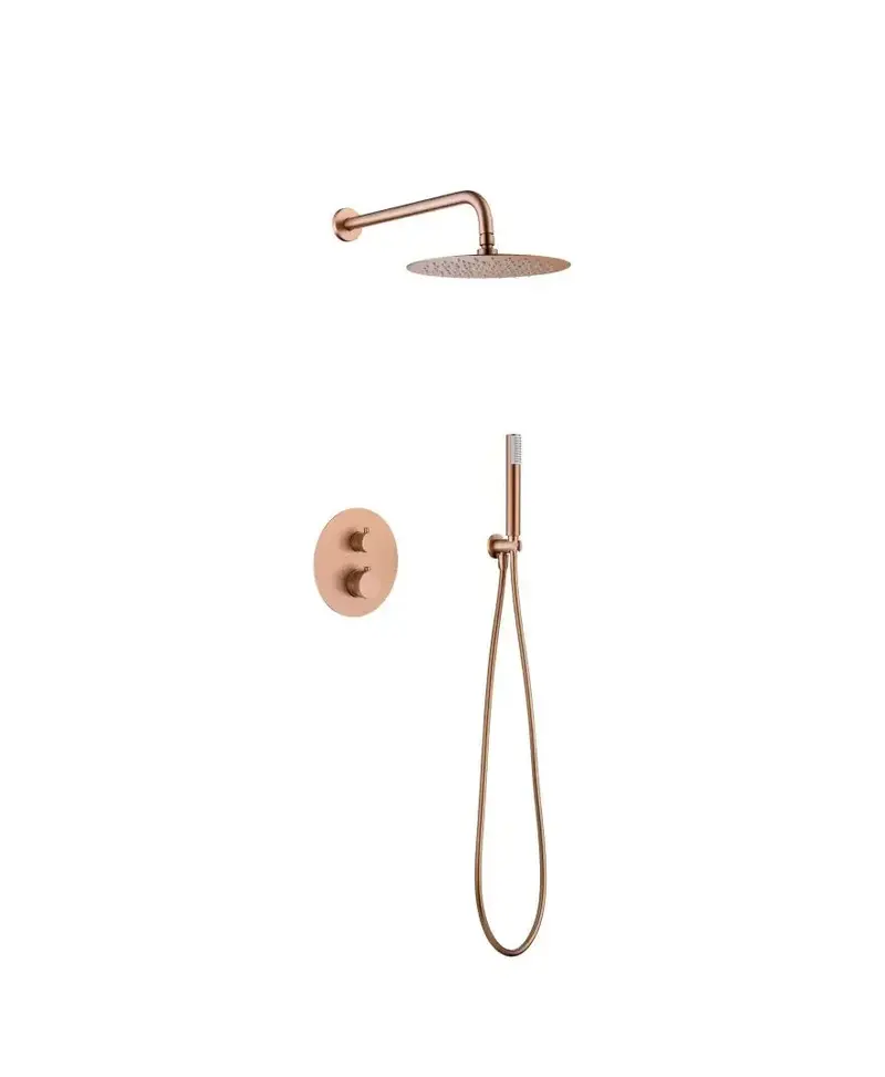Conjunto de ducha termostático empotrado con rociador a pared acabado oro rosa cepillado Line de Imex