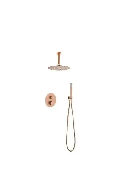 Conjunto de ducha termostático empotrado con rociador a techo acabado oro rosa cepillado Line de Imex