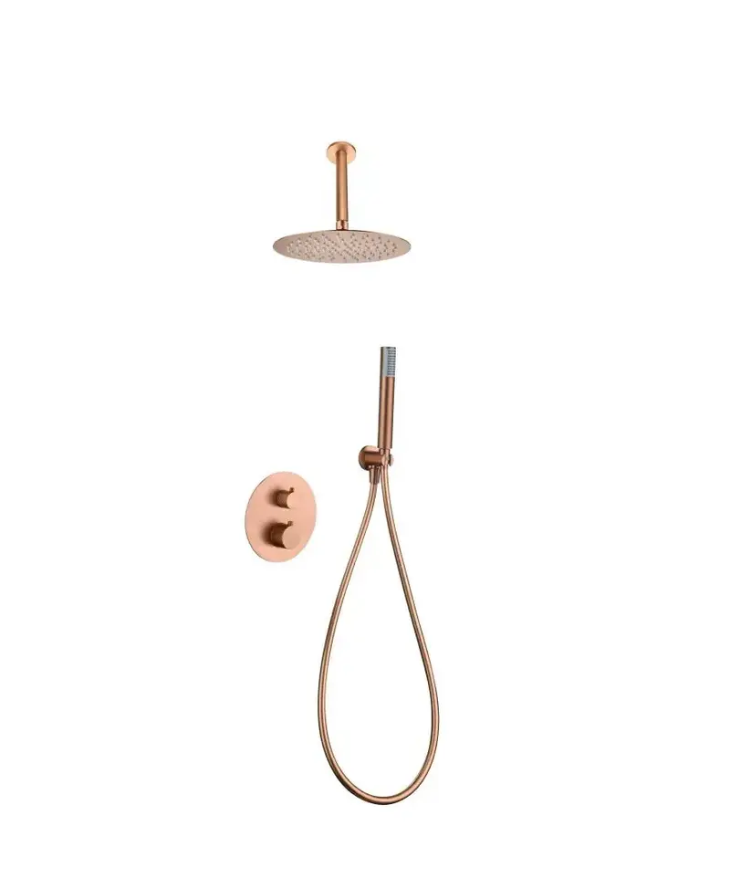 Conjunto de ducha termostático empotrado con rociador a techo acabado oro rosa cepillado piamonte Genova de Imex