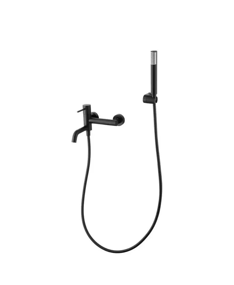 Conjunto de grifo monomando y ducha de mano fabricado en latón y abs con acabado negro mate Monza de Imex