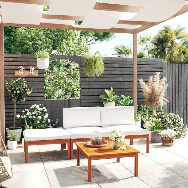 Conjunto de jardín 4 piezas con cojines color crema 63x63 cm