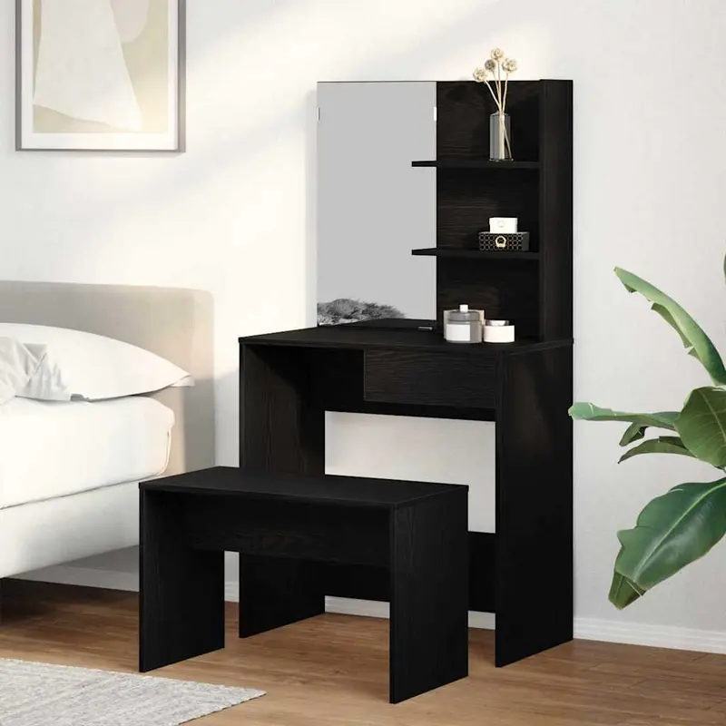 Conjunto de Mesa de Tocador con cajón 2 pcs Roble Negro