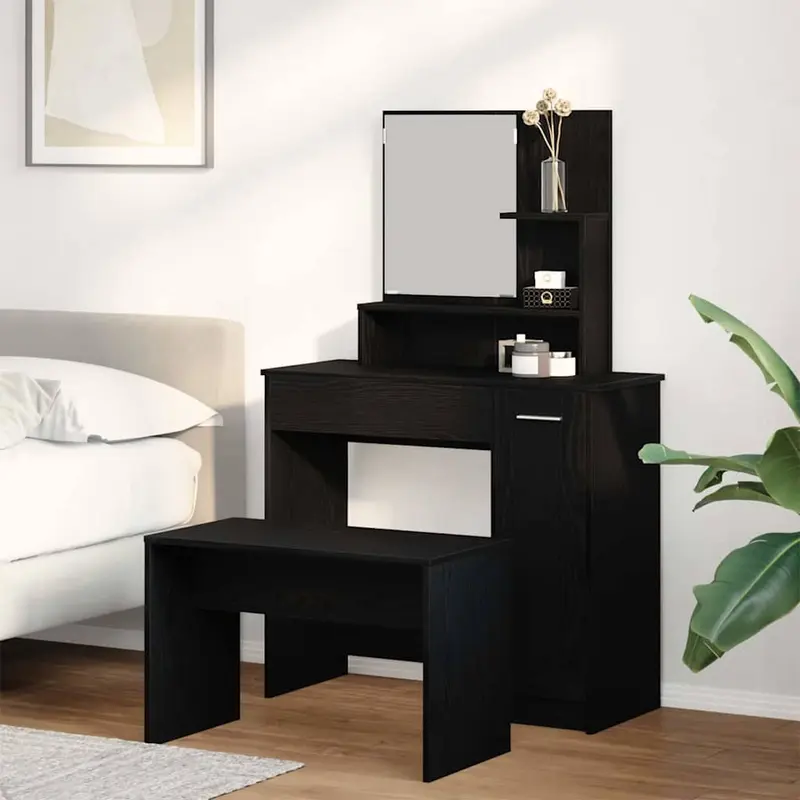 Conjunto de Mesa de Tocador con cajón 2 pcs Roble Negro