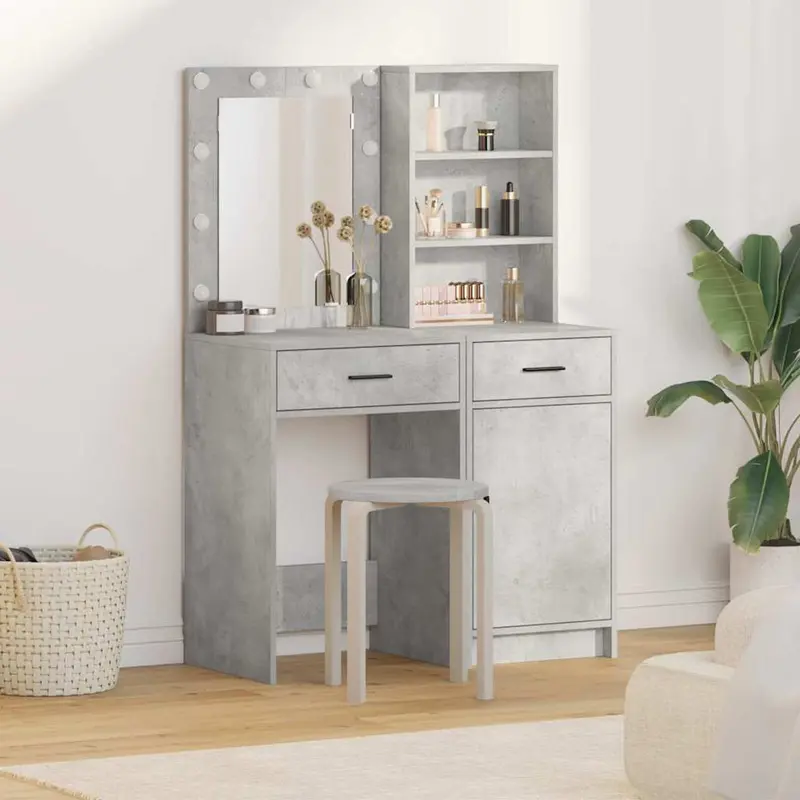 Conjunto de mesa de vestidor con LED 2 pcs Gris Concreto