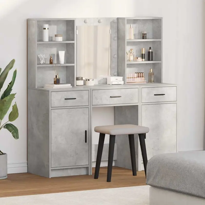 Conjunto de mesa de vestidor con LED 3 pcs Gris Concreto