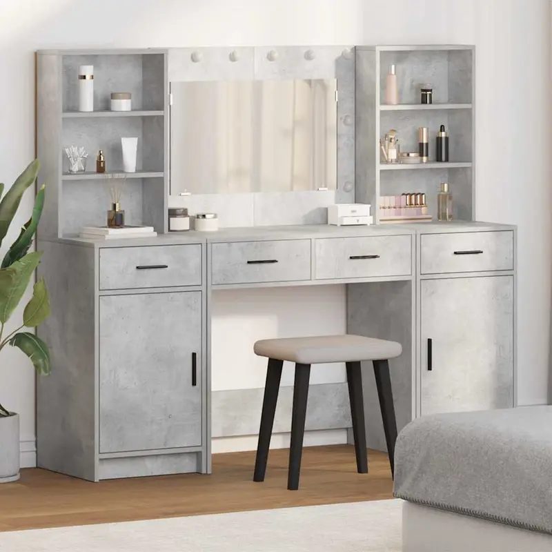 Conjunto de mesa de vestidor con LED 3 pcs Gris Concreto
