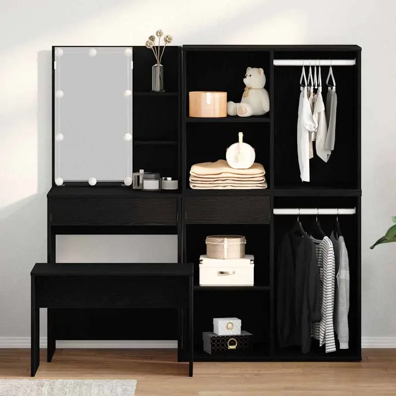 Conjunto de mesa de vestidor con LED 4 pcs Roble Negro
