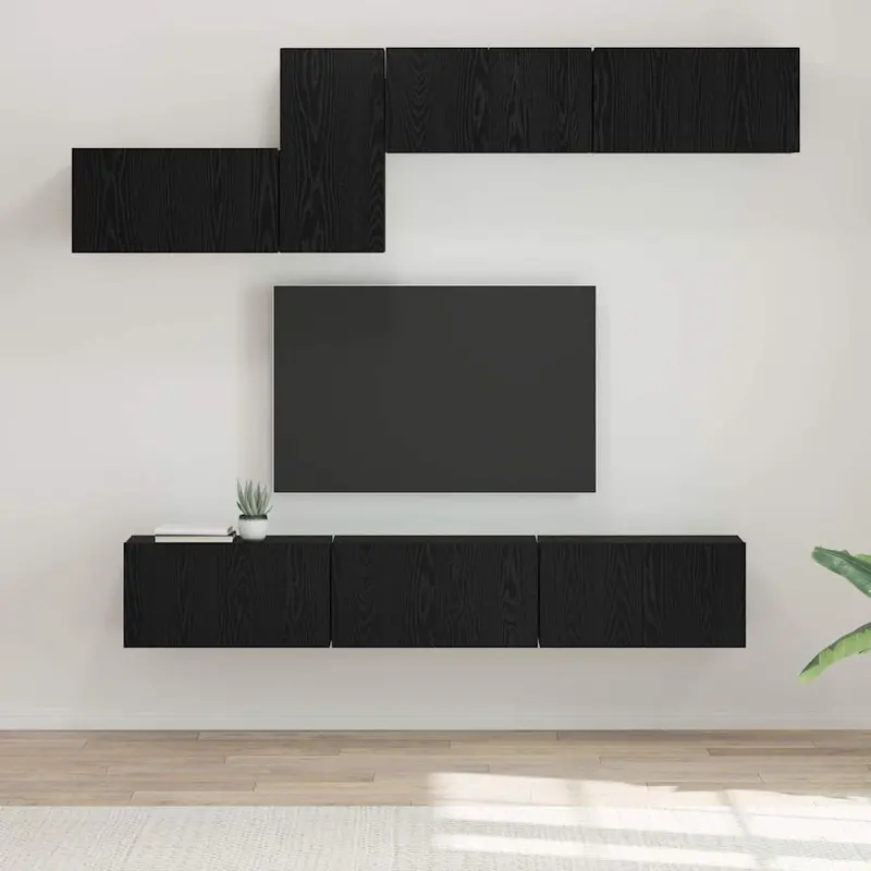 Conjunto de mueble de TV 7 pcs Roble Negro Madera de ingeniería