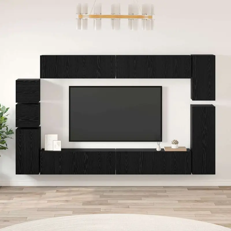Conjunto de mueble de TV 9 pcs Roble Negro Madera de ingeniería