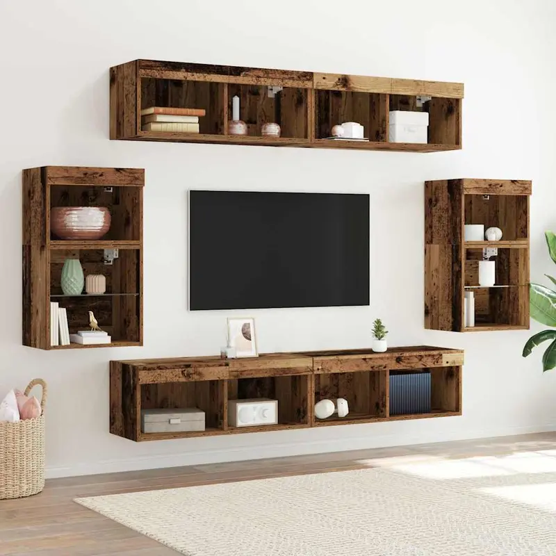 Conjunto de mueble de TV Montaje en la pared 8 pcs Madera vieja