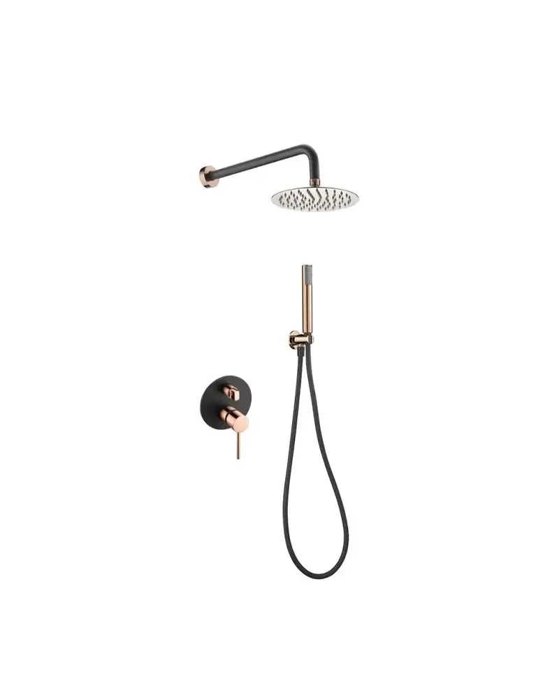 Conjunto de pared para ducha empotrada de diseño moderno en color negro mate y oro rosa stick Milos de Imex